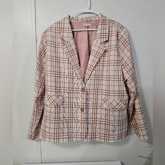 Jodifl Womens Pink Plaid Plus Size Blazer With Built In Shoulder Pads! - Picture 1 of 6